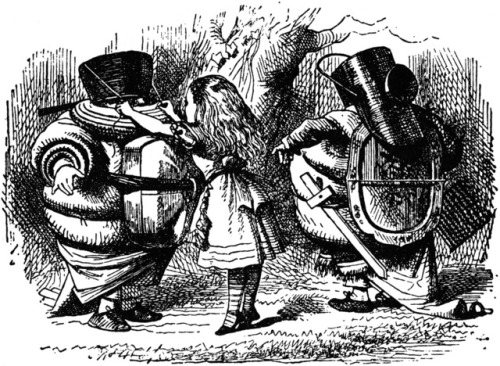 the-disney-elite:    John Tenniel’s original illustrations of Tweedledee and Tweedledum, as they appeared in Lewis Carroll’s   Through the Looking Glass (And What Alice Found There)   (1871).