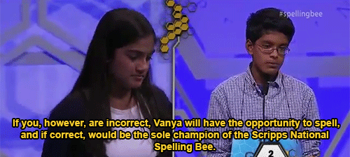 fishingboatproceeds:  -teesa-:  Gokul Venkatachalam and Vanya Shivashankar are National Spelling Bee co-champions.   DROP THE MIC, GOKUL! In all the years I’ve been watching the spelling bee, I’ve never seen such a badass moment: With everything