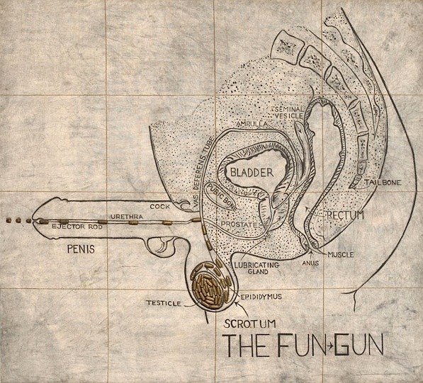 landaupole:  JUDITH BERNSTEIN.  The Fun Gun.  1967.  Bullets and acrylic on distressed