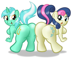 iamaleximusprime:  anthro-ponies-supreme:  Pinkie:  More butt-bumps!  This time between 2 good friends, Lyra and Bon-Bon!  So candylicious!  XD  BUTTS!!  Yay LyraBon butt-bumps c: