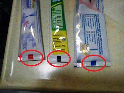 jaidefinichon:  Tu pasta de dientes: Verde = natural Azul = natural + medicinal Rojo = natural + componentes químicos Negro = Sólo componentes químicos Nunca es tarde pa aprender. 