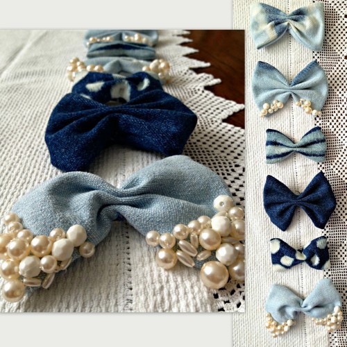 DIY Denim Bows Tutorial from Salute to Cute. What to do with denim scraps? Make bleach dyed denim bo