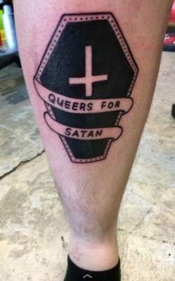 fuckyeahtattoos:  Queers for Satan coffin done by Nestor Sancen at Mindcrusher Tattoo Chicago, IL 