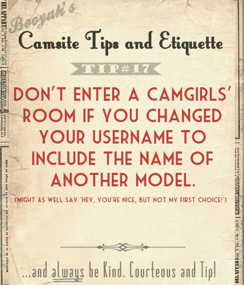 camsitetips-etiquette:  Sorry for the lack of Tips & Etiquette lately! If you are a camgirl and have idea’s for more, tell me: http://twitter.com/booyah_27 