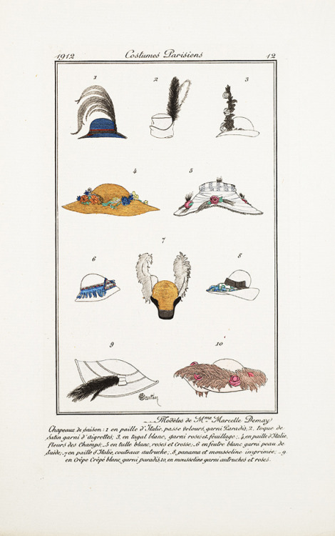 Costumes parisiens, Editorial about Hats, Journal des dames et des modes, 1914. Paris. Via Smithsoni