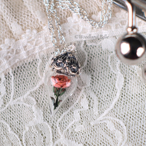 culturenlifestyle:  Enchanted Beauty & the Beast inspired Enchanted Rose Glass Vial Terrarium Necklaces North Carolina-based boutique Woodland Belle blends a rustic sensibility with a fairy-tale inspired theme into their contemporary jewelry. Inspired