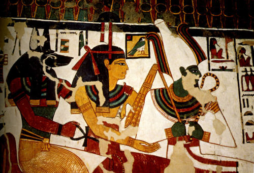 Osiris, Imentet-Hathor and AnubisMural depicting seated gods Osiris, Imentet-Hathor and Anubis, deta