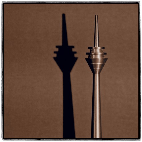 Brass made model of the Rhine Tower Düsseldorf, processed on an old, manual driven lathe machine.