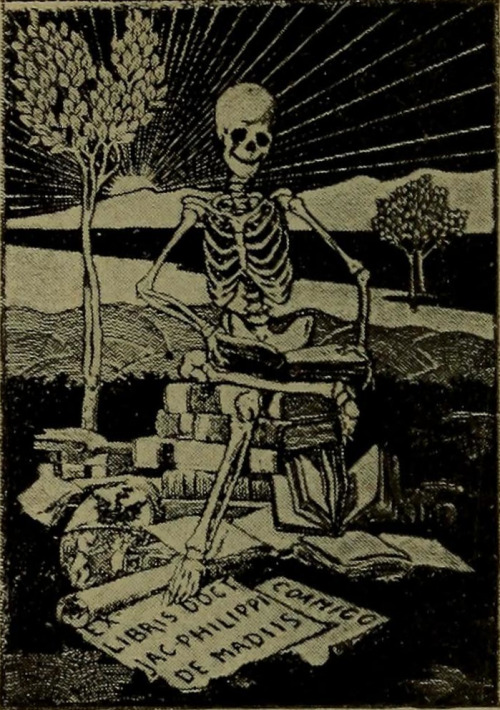 A bookplate depicting a skeleton sitting on top of a pile of books and reading a book from Jacopo Ge