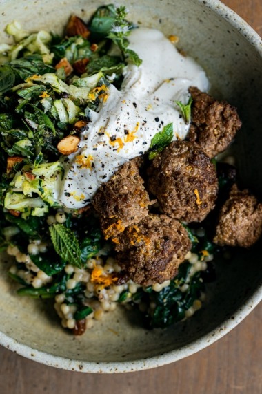 spiced meatballs with pearl couscous, zucchini roasted almond salad, and tangy yogurt