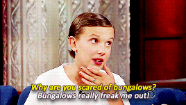 milliebrowngifs:  Millie talking about bungalows and why they scare her (x) 
