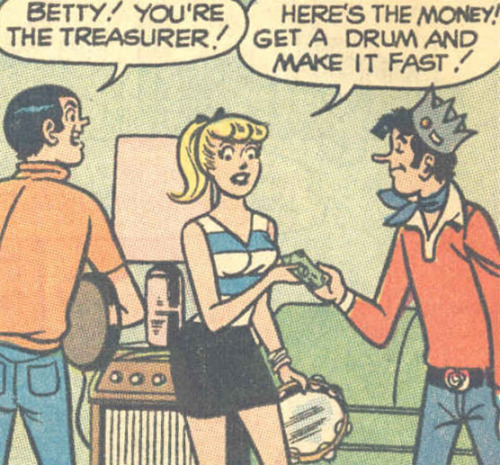 Betty gives Jughead money to buy a new drum set in The Beat Goes On, Jughead #176 (1970).