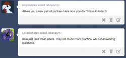 askjamestempest:  taboopony:  taboopony:  Shy: I hope they fit.. tends to be awkward finding things in my “size”  reblogging for the morning peoples    X3!