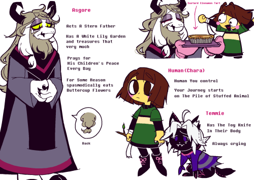 fellswapmagenta: Character Info Sheet Asgore, Human and Temmie