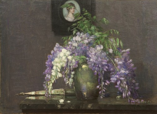 Jan Bogaerts (1878-1962, Dutch) ~ Still Life with Wisteria and Miniature Portrait, 1917 [Source