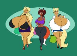 kaboozleskaboodle:Pic I did the other day of Karaken’s twins, Dixie and Trixie, taking my gal Kasa out shopping.