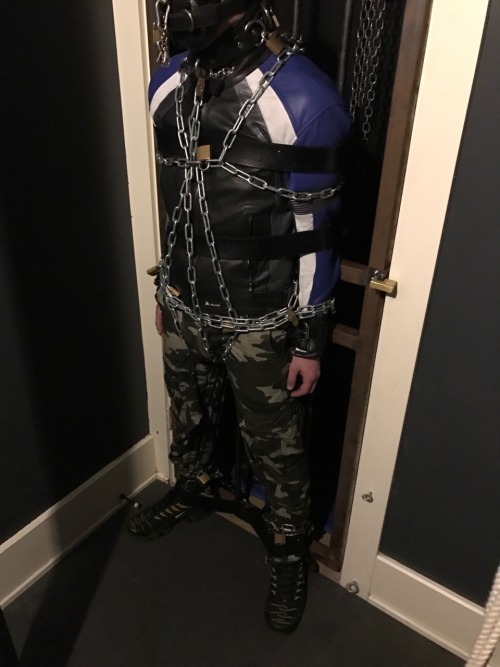 seabondagesadist:Sweet pup slave chained and strapped to the cell door for a while. He shares my interest in heavy bondage for the sake of the BONDAGE! I’m a really nice guy though. He could “escape” whenever he wanted out. I mean, I gave him the