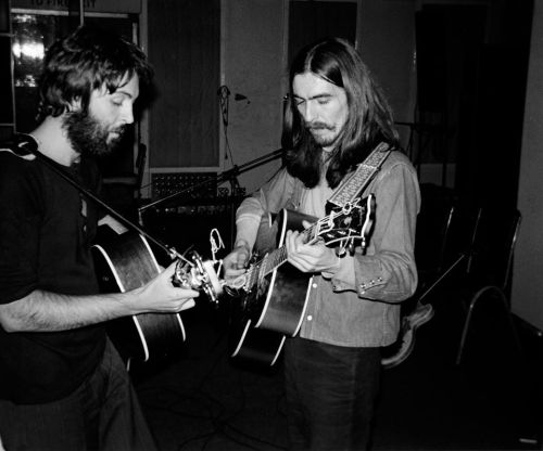 Paul working with George on Let It Be after the breakup but before it was announced to the world.&nb