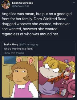 notlostonanadventure: sun-of-badu:  flawlessglamazon:  ghey-menace:   sodomymcscurvylegs:   c-bassmeow:  ok? but who is winning in a FIGHT this isn’t about personality. Who is gonna WIN in fisty cuffs ?  Angelica can’t fucking fight. The only girl