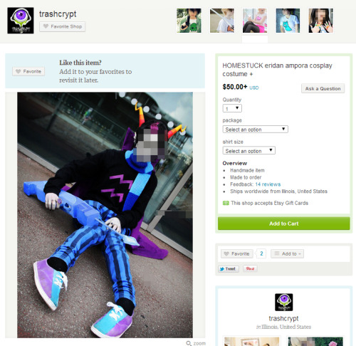 solluxcaptor:  I stumbled across this listing on Etsy and found them using my Eridan cosplay photo to sell their cosplays without my permission. This has absolutely nothing to do with me and they haven’t asked for permission, there are lots of other