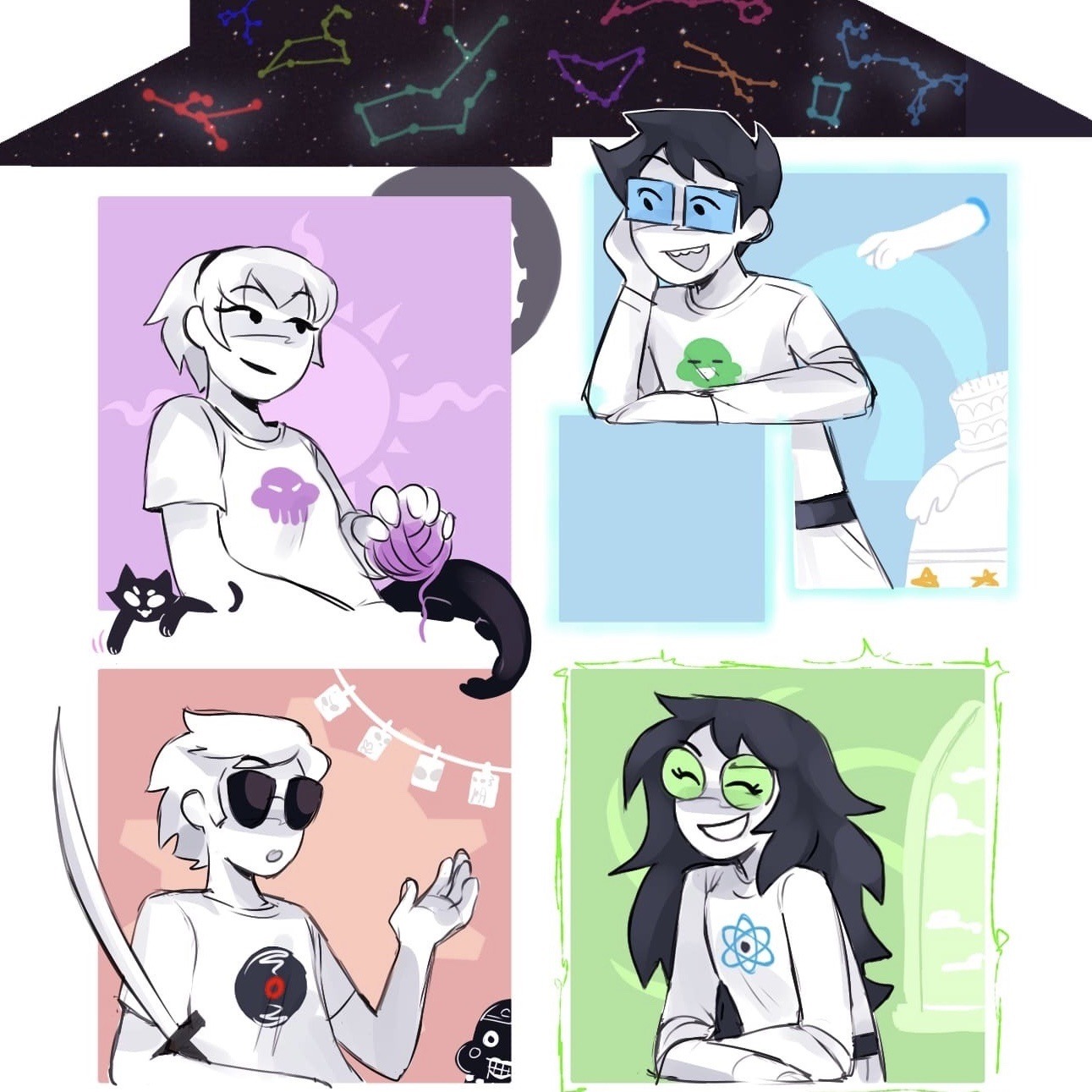 proshippersstimming:Beta OT4 with glowing/shiny things and pouring liquids for anon!💜 💙 💜 / ❤️ 💚 ❤️ / 💙 💜 💙