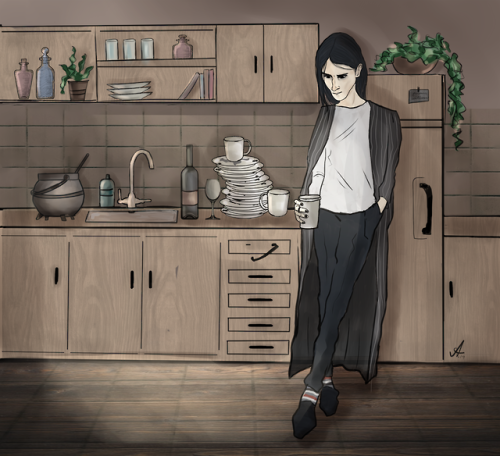 serosvit:Severus having a morning coffee in his kitchen at Spinner’s Endi love his pose <3