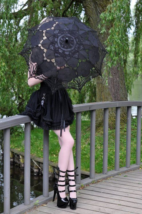 Black lace umbrella and gothic black dress with white #pantyhose and strappy bondage style heels #FO