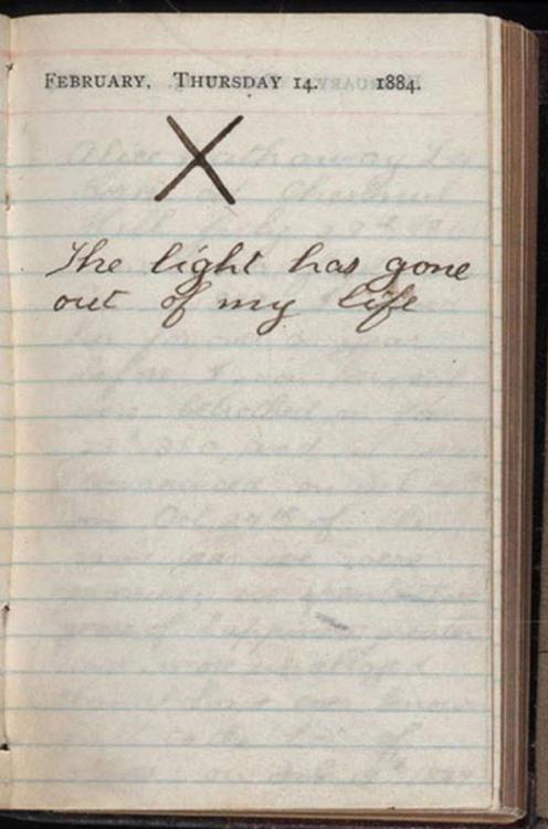 blondebrainpower:Picture of Teddy Roosevelt’s diary entry from the day both his wife and mother died in 1884. Roosevelt marked the day in his diary with a big “X” noting, “The light has gone out of my life”