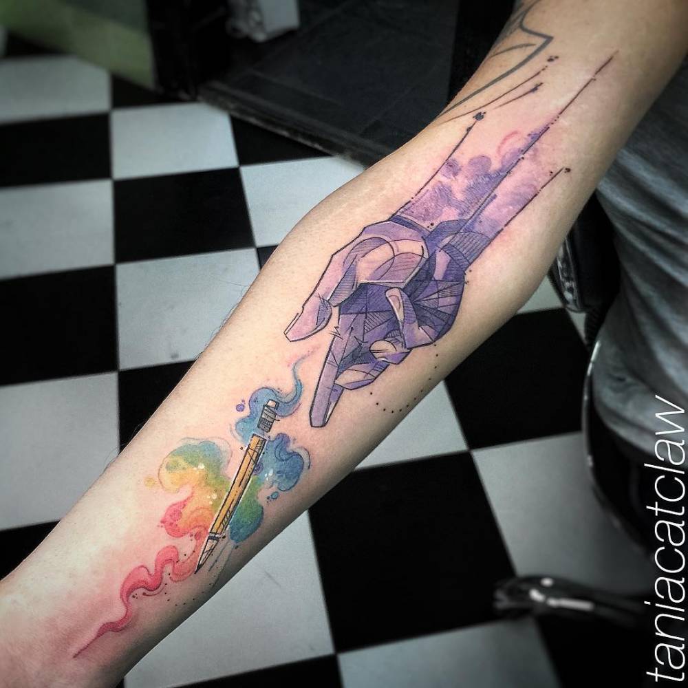 tattoofilter:  Sketchy hand trying to hold a pencil tattoo on the right arm. Tattoo