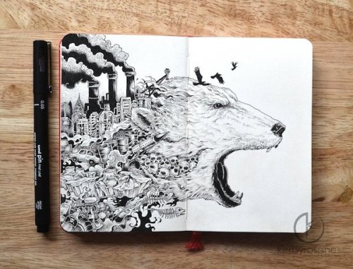 jedavu:  More Whimsical Doodles Created In Moleskine Notebooks, Made With Just Black Pens Based in The Philippines, illustrator Kerby Rosanes, were meticulously drawn in his Moleskine notebooks with ordinary black pens.  