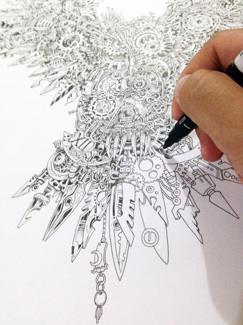 kerbyrosanes:  “TIME GUARDIAN”Commissioned work for Zero Square - Malaysia.I really enjoyed working on this one! A breath of fresh air in terms of composition and use of elements. :)- Uni Pin Fine Liners- 11 x 16 inches of Canson sketch paper-