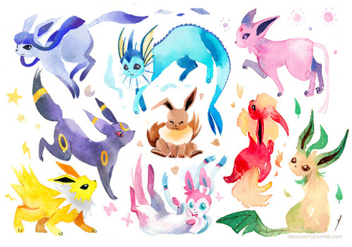 lilblueorchid: Watercolor pokemons! Which eeveelution is your favorite? Mine is Umbreon hands down!