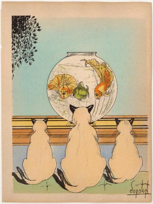 Clyde A. Copson - Three Cats Watching Fish In An Aquarium from Morris Wilson&rsquo;s book A Day With
