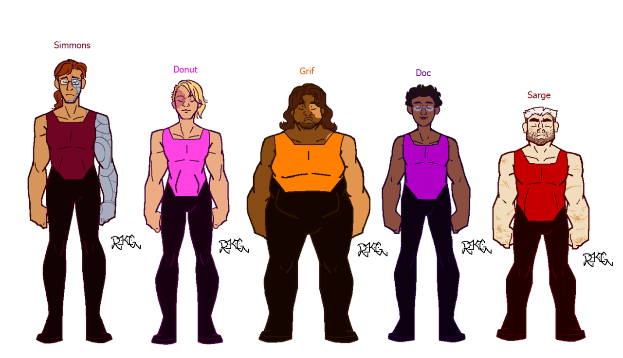 My character design height-chart, just the Reds (and a Doc!)