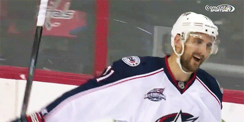Nick Foligno collects his hug after scoring the OT GWG against Washingon.