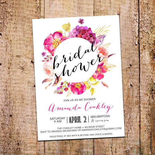 5x7 Watercolor Floral Wreath Bridal Shower Invitation Printable