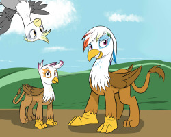 Griffon Rainbow Dash, Scootaloo, and Derpy. Probably the most show related thing I&rsquo;ve done in a while to be honest.  Also be on the look out for a fic that someone else may be doing with this pic in mind.