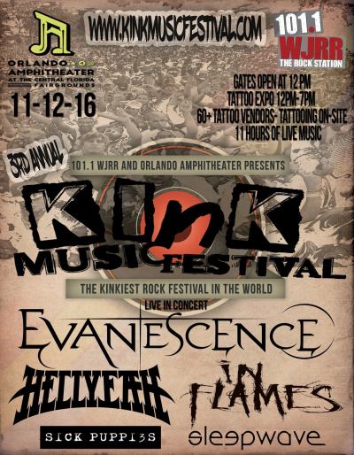 evanescencesource:
“WJRR and the Orlando Amphitheater present The 3rd Annual Kink Music Festival brings over 20,000 sq ft of Tattoo Expo Artist/Booths along with Amazing Suspension Acts/Tattoo Pageant/Car Show and 2 Stages of Live Music including the...