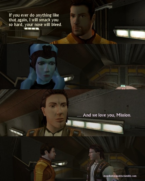 I love the father/daughter-esque dynamic Mission and Carth have going on in KOTOR, with the exclusio