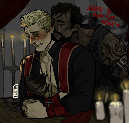 umikochannart:  Reaper76 Week - Day 6 -     “In Another Life”  I can’t believe I forgot to upload this– But anyways, Priest!Jack and Demon!Gabe~+ bonus flat colour thing cuz I’m lazy af