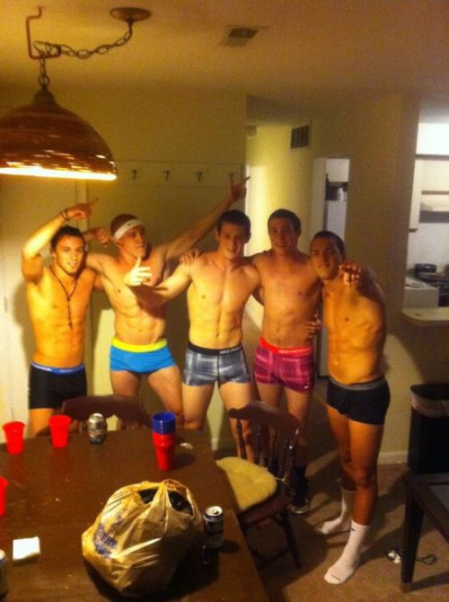 5 frat boys in their boxer briefs.