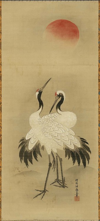heaveninawildflower:‘Cranes and Sun’ (latter half of 18th century). Silk painting by Kano Tôshun Yos