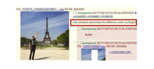 officialfrenchtoast:  “Can someone photoshop the Eiffel Tower under my finger?” x