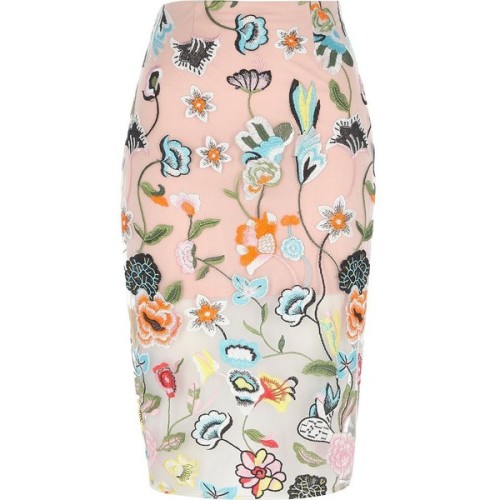 River Island Petite pink floral embroidered midi skirt ❤ liked on Polyvore (see more high waist skir