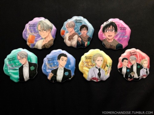 yoimerchandise: YOI x Banpresto Ichiban Kuji Series 4: Yuri!!! on Ice ~Romantic Birthday~ Rubber Straps (Prize F), Soft Badges (Prize G), Heart-Shaped Colored Papers (Prize E), and Multi-Cloths (Prizes A, B, C, & D) Original Release Date:December