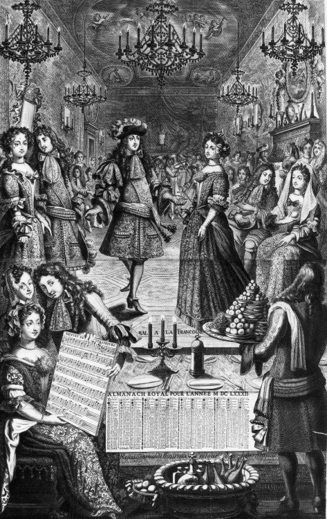 Louis XIV and his court in 1682 from the &ldquo;Almanach Royal&rdquo;