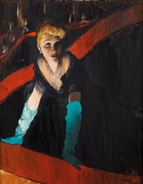 amare-habeo:René Gruau (French, 1909-2004)  Elégante à l'Opéra, N/D Oil on canvas, 92 x 72 cmGal