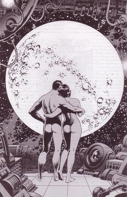 rollership:eltripatorium:The artist is Wally Wood  Hey guys and gals! Let’s all get naked and fly to the moon!Nice. Where can if find a Science Fiction novel that starts with those two sentences?
