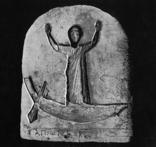 Funerary Stele from Terenouthis, representing an orant named Apion in the ship of salvation. Limesto