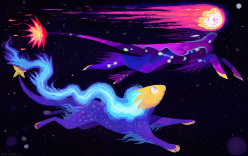 Digital illustration of two four-legged creatures running in space. The top creature (Pulsar) has multiple shades of purples, blues, and white spots on their fur with a white face surrounded by a trail of pink, similar to that of a comet. Their tail tip is also similar to a comet, with pinks and yellows. They have a smile and closed eyes. The lower creature (Quasar) has a blue body with yellow speckles. He has a narrow yellow head that's followed by a blue trail, also similar to a comet. His tail tip is a yellow star. He's looking up to Pulsar with a surprised expression.